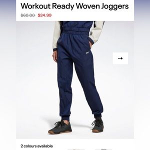 NWT Reebok Workout Ready Woven Joggers in Vector Navy- size S